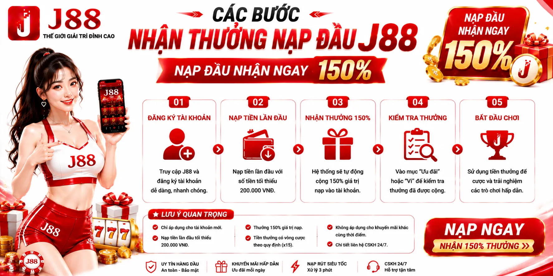 Thưởng Nạp Đầu J88 150% – Điều Kiện Và Cách Nhận 1 Các bước nhận thưởng nạp đầu J88