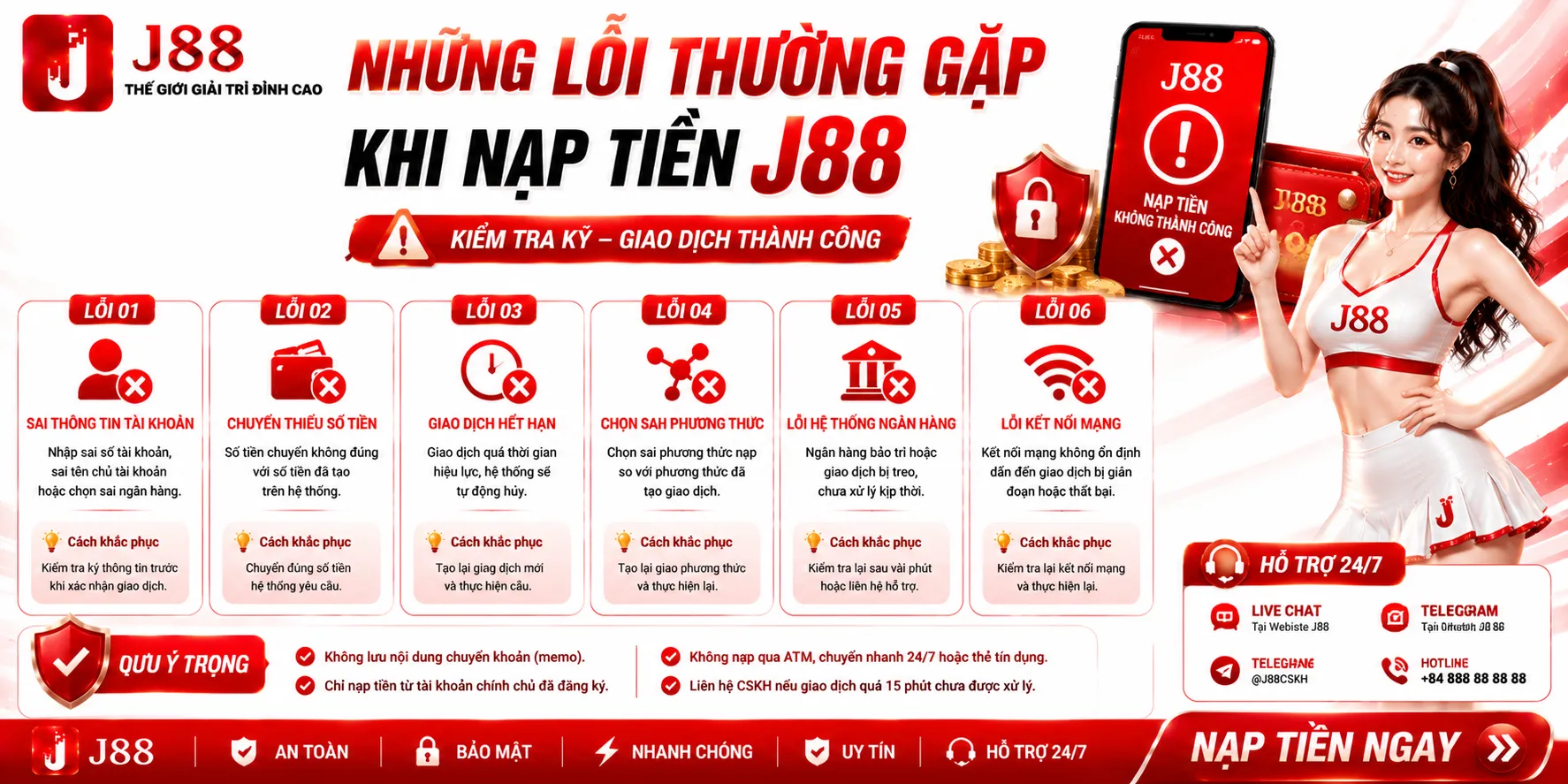 Nạp Tiền J88 – Hướng Dẫn Các Bước Giao Dịch 2 Những lỗi thường gặp khi nạp tiền J88